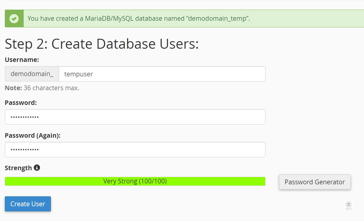 Генератор create. MYSQL database Wizard. Create a username.